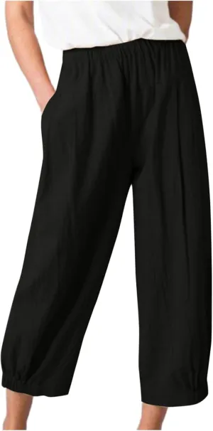 Womens Summer Harem Capri Pants Elastic Waist Casual Business Loose Work Slacks Lounge Cropped Trousers with Pockets