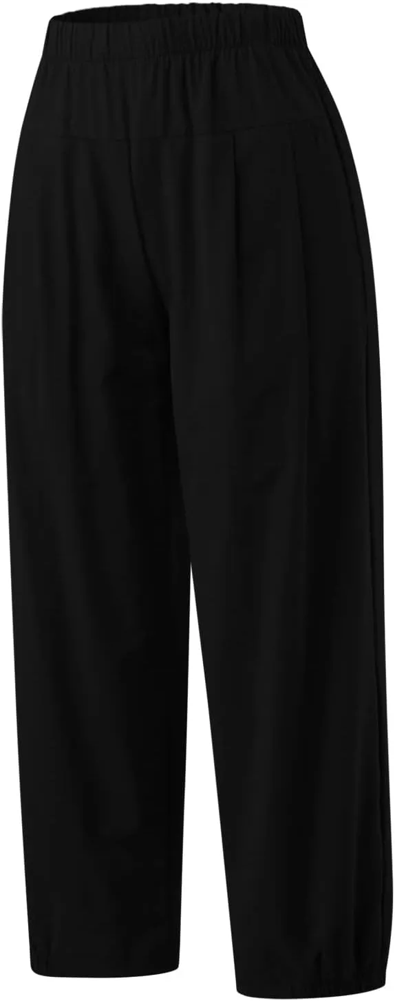 Womens Summer Harem Capri Pants Elastic Waist Casual Business Loose Work Slacks Lounge Cropped Trousers with Pockets