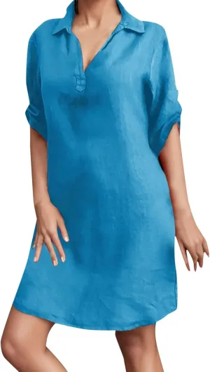 Women's Summer Midi Shirt Dresses Button Down 1/2 Sleeve Lapel Casual Cotton Linen Dress Linen Shirt Dress Loose Maxi Dresses