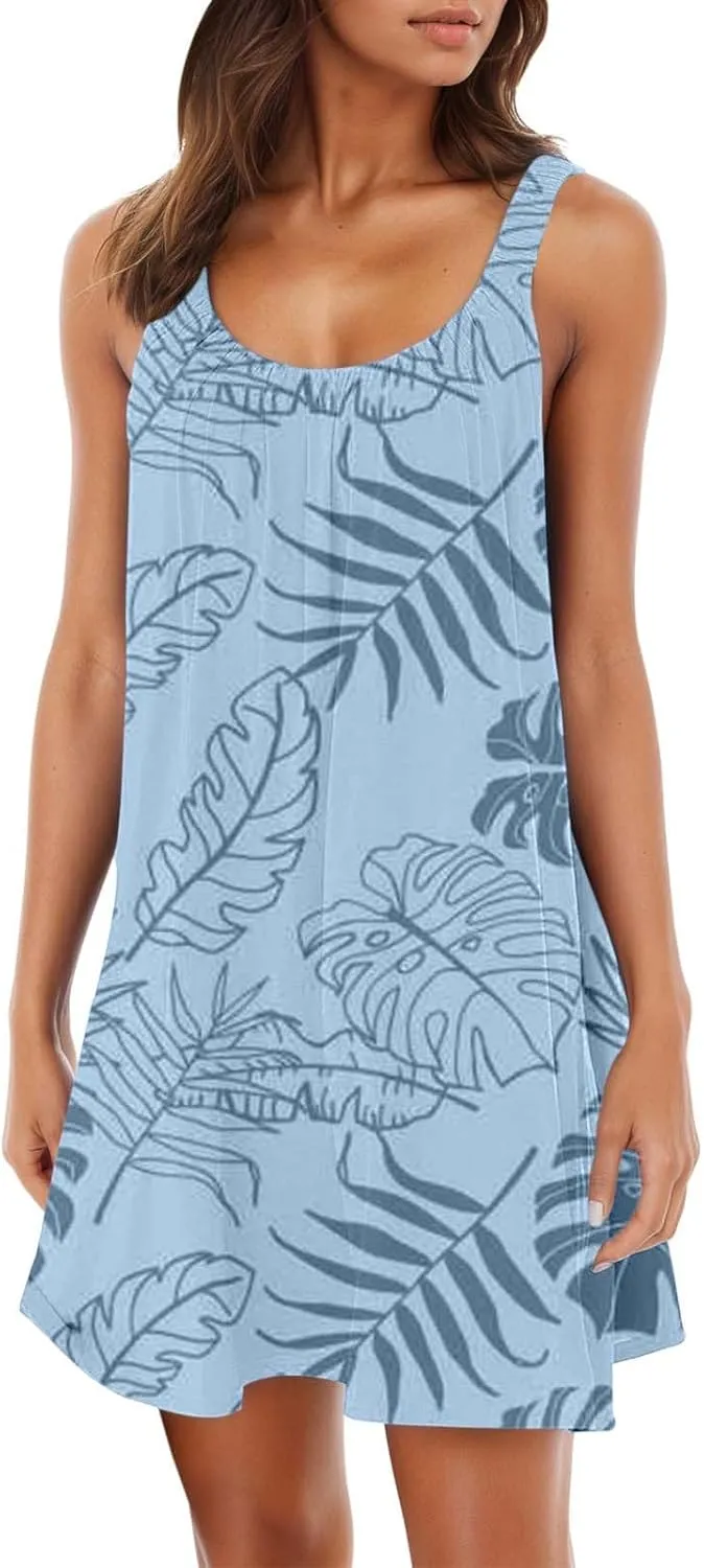 Women's Summer Tank Dresses 2025 Casual Sleeveless Floral Print Boho Beach Mini Dress Ruffle Hem Loose Sundress