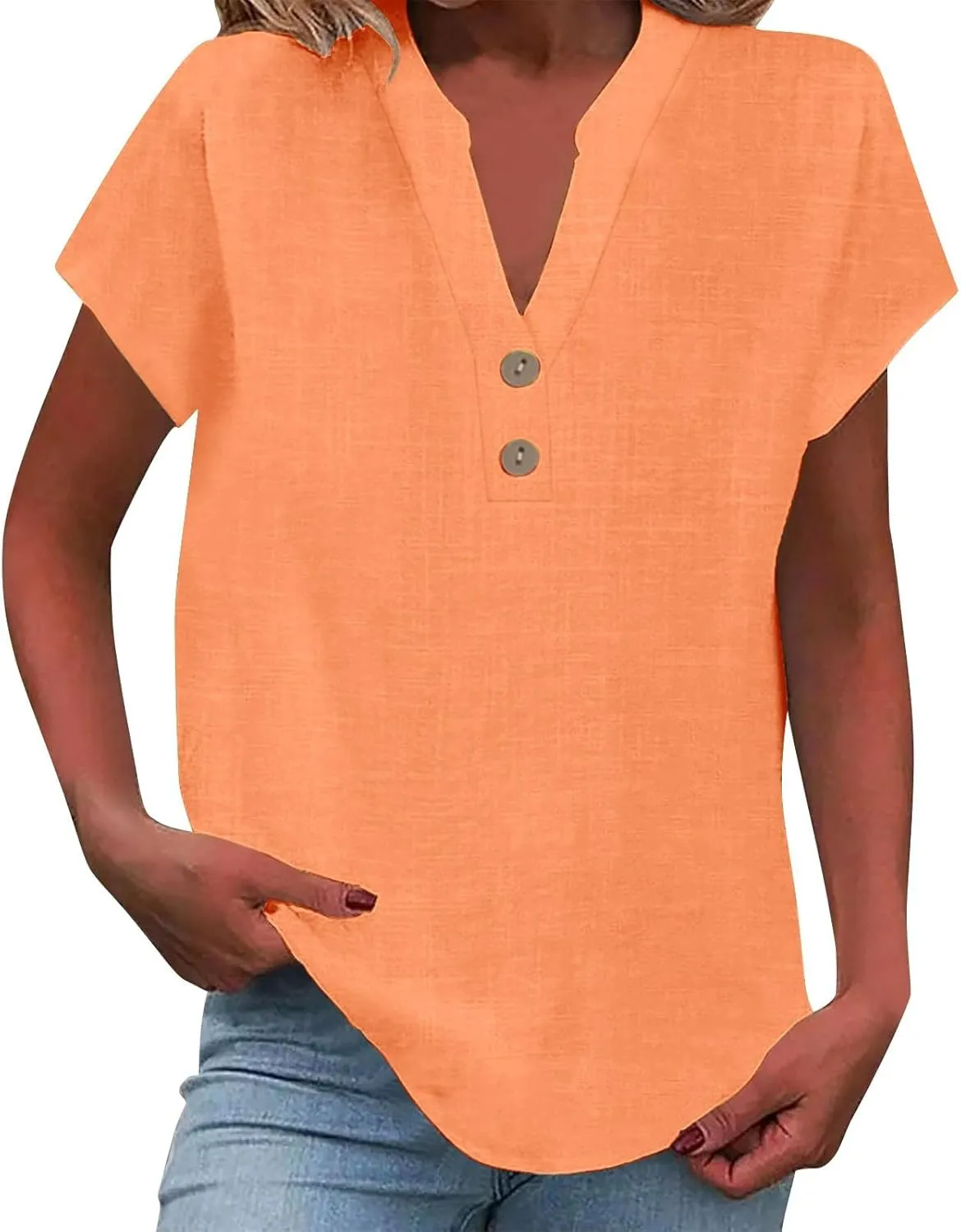Womens T Shirts V Neck Buttons Down Tops Casual Summer Tees Short Sleeve Loose Fit Tops Blouses Linen Shirts