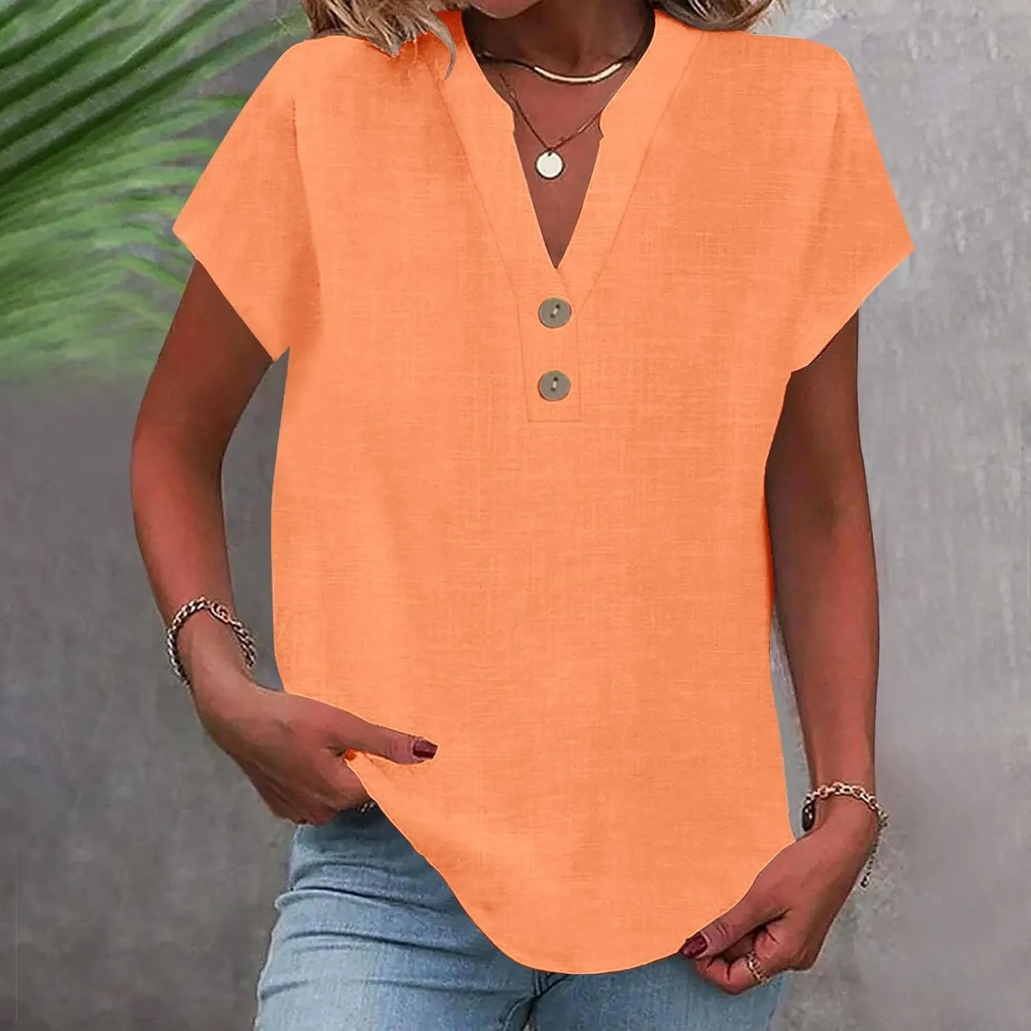 Womens T Shirts V Neck Buttons Down Tops Casual Summer Tees Short Sleeve Loose Fit Tops Blouses Linen Shirts