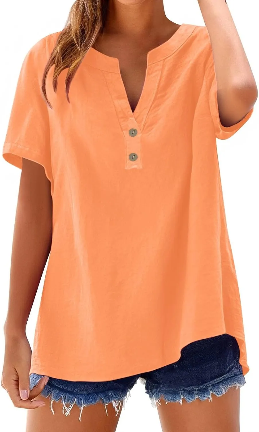 Womens T Shirts V Neck Buttons Down Tops Casual Summer Tees Short Sleeve Loose Fit Tops Blouses Linen Shirts