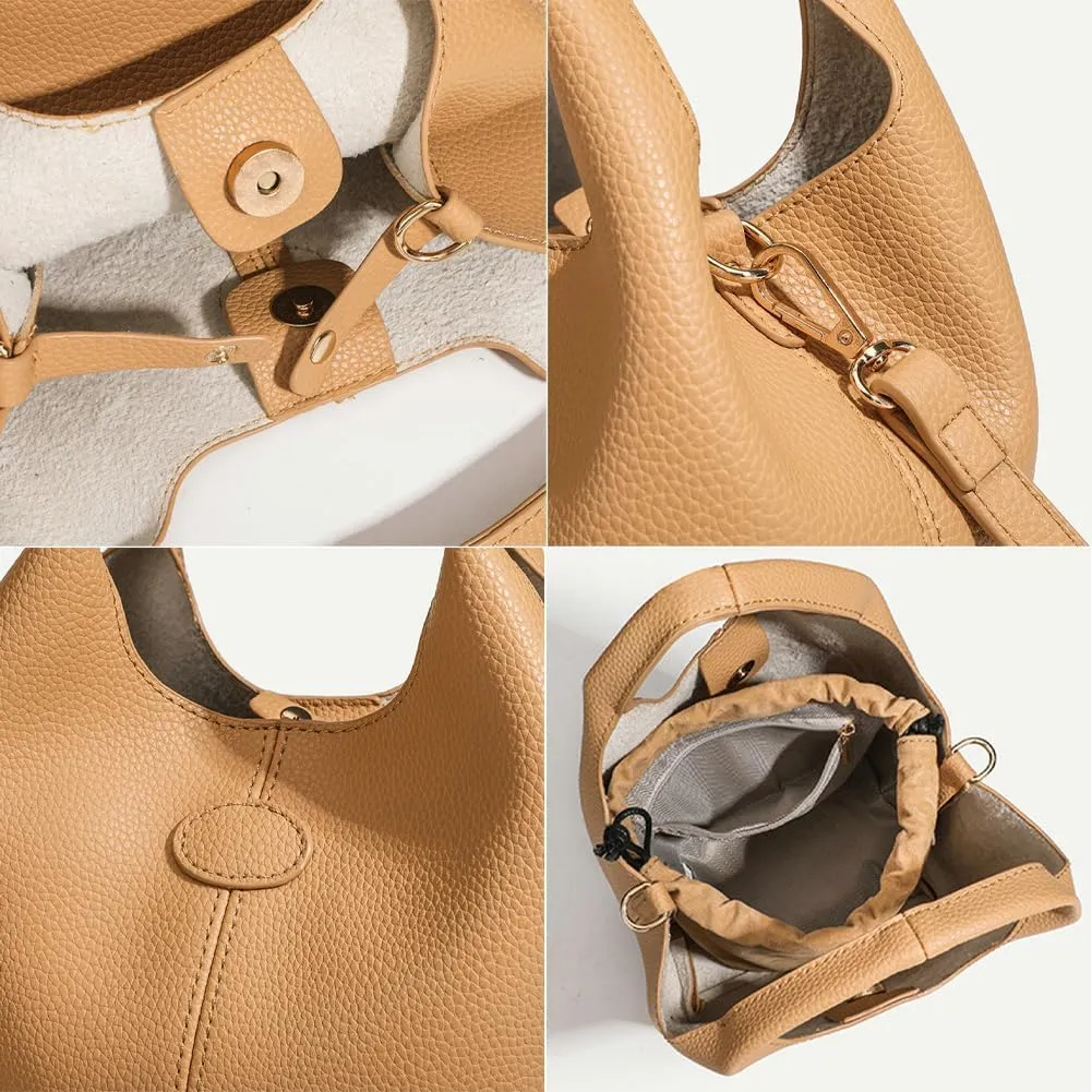 Womens Trendy PU Leather Purse Small Bucket Shoulder Crossbody Bag Cute Tote Handbag Casual 2pcs Satchel