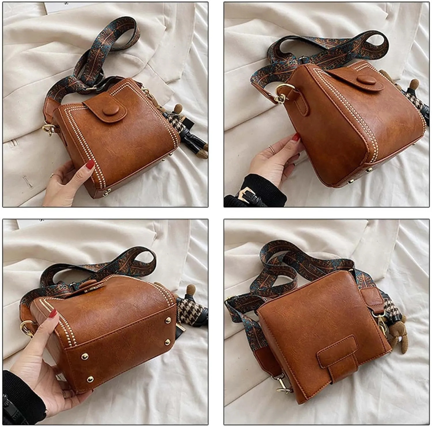 Women's Vintage Bunny Charm Bucket Bag  Convertible Shoulder Crossbody, Vintage Small Water Bucket Bag for Women