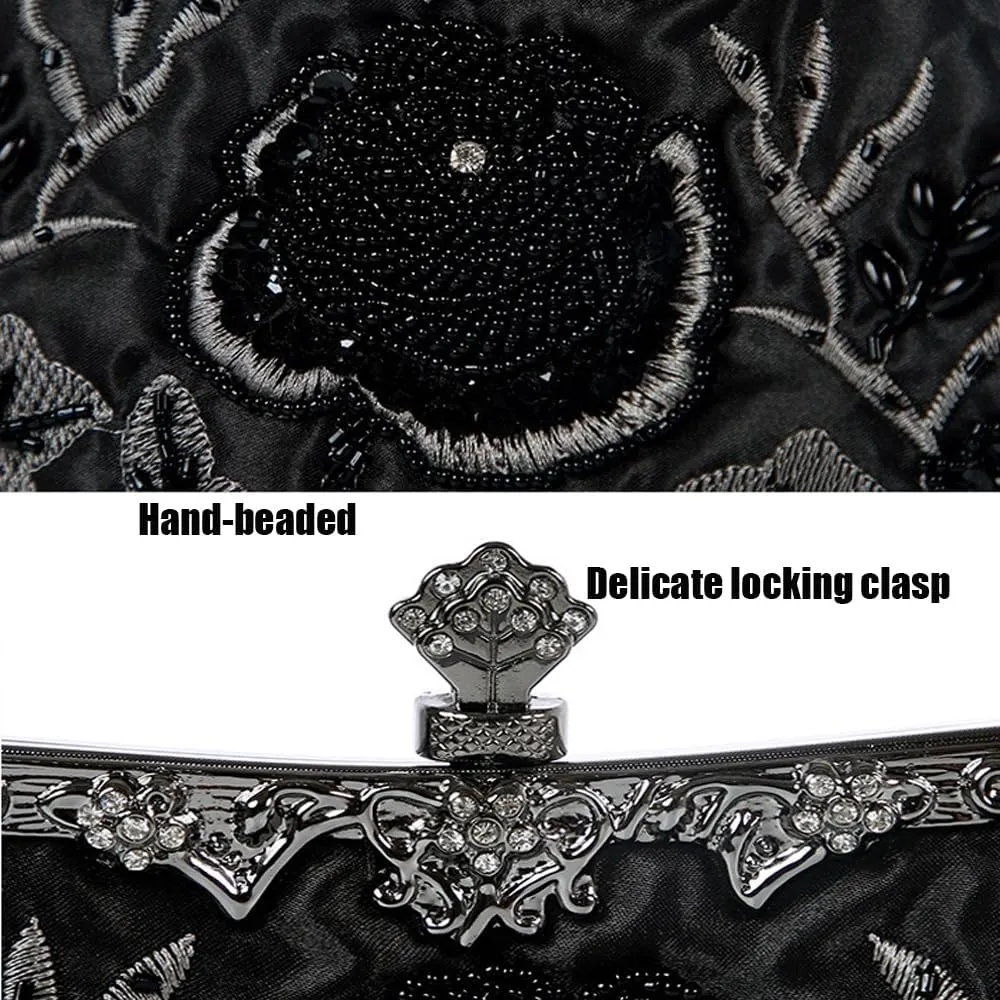 Women's Vintage Clutch Purse Beaded Evening Bag Sequin Rhinestone Clutch Purse Floral Crossbody Bag for Wedding Party Prom