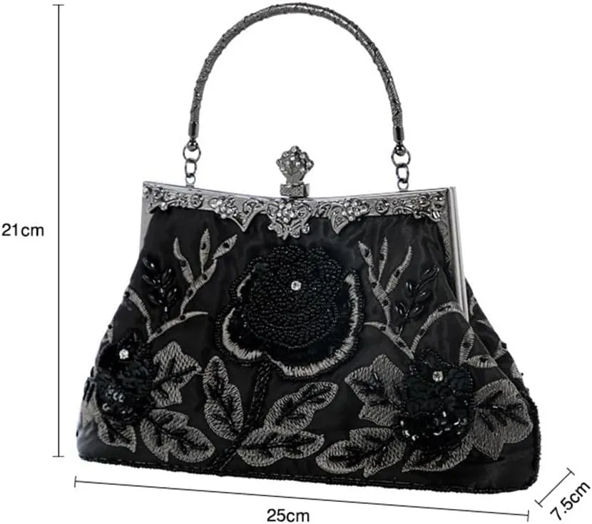 Women's Vintage Clutch Purse Beaded Evening Bag Sequin Rhinestone Clutch Purse Floral Crossbody Bag for Wedding Party Prom