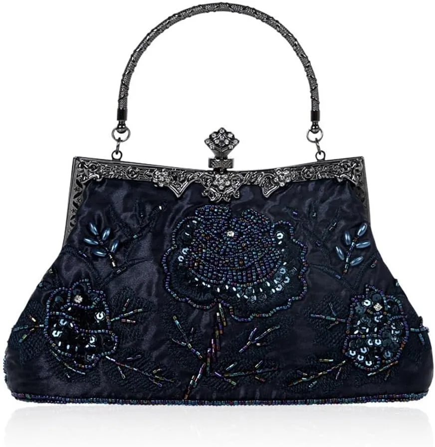 Women's Vintage Clutch Purse Beaded Evening Bag Sequin Rhinestone Clutch Purse Floral Crossbody Bag for Wedding Party Prom