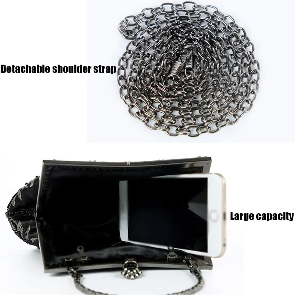 Women's Vintage Clutch Purse Beaded Evening Bag Sequin Rhinestone Clutch Purse Floral Crossbody Bag for Wedding Party Prom