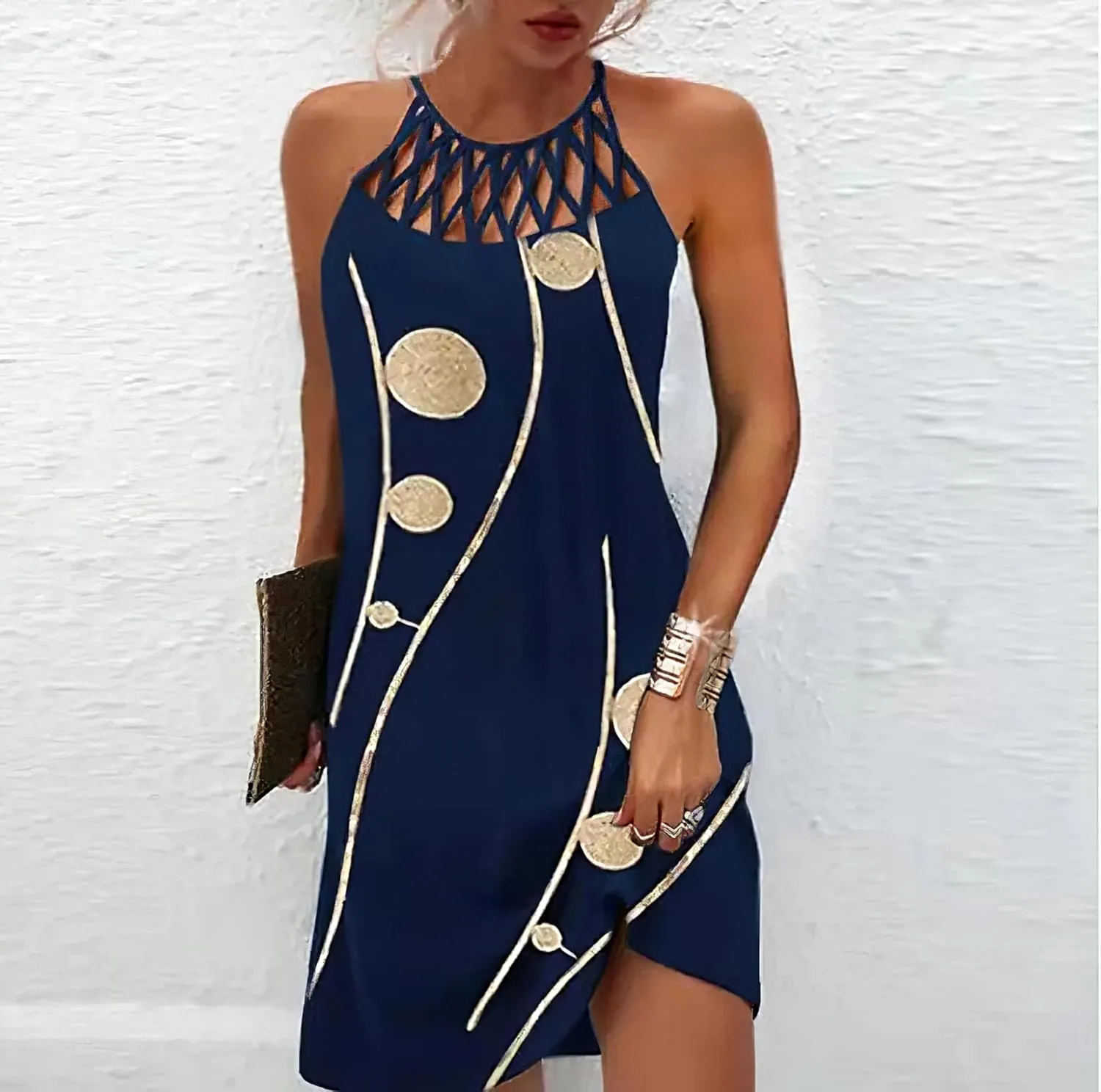 Women's Vintage Summer Boho Print Halter Neck Mesh Beach Sundress Casual Ethnic Style Sleeveless Tunic Mini Dress
