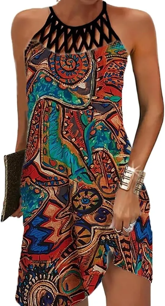 Women's Vintage Summer Boho Print Halter Neck Mesh Beach Sundress Casual Ethnic Style Sleeveless Tunic Mini Dress