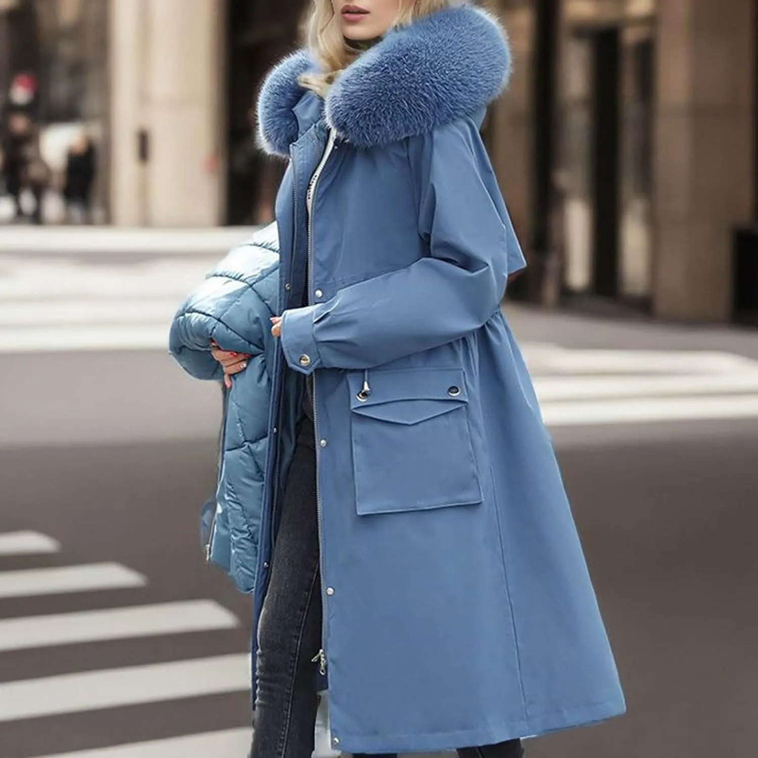 Women's Winter Coats Detachable Cotton Padded Lined Parka Jacket Faux Fur Hooded Long Winter Warm Outwear with Pockets