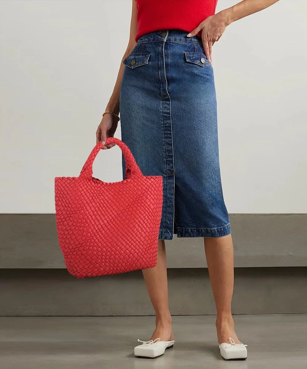 Woven Vegan Leather Handmade Tote for Women - Summer Beach Travel Hand Bag, Purse, Satchel Handbag