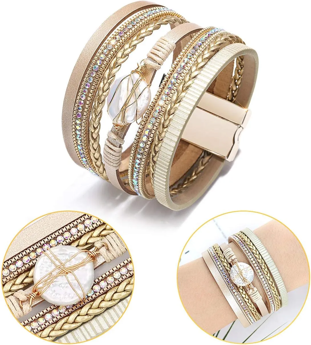 Wowanoo 3Pack Leather Cuff Bracelet Set Multilayer Wrap Bracelet Crystal Feather Tree Bracelet Magnetic Clasp Bracelet for Women