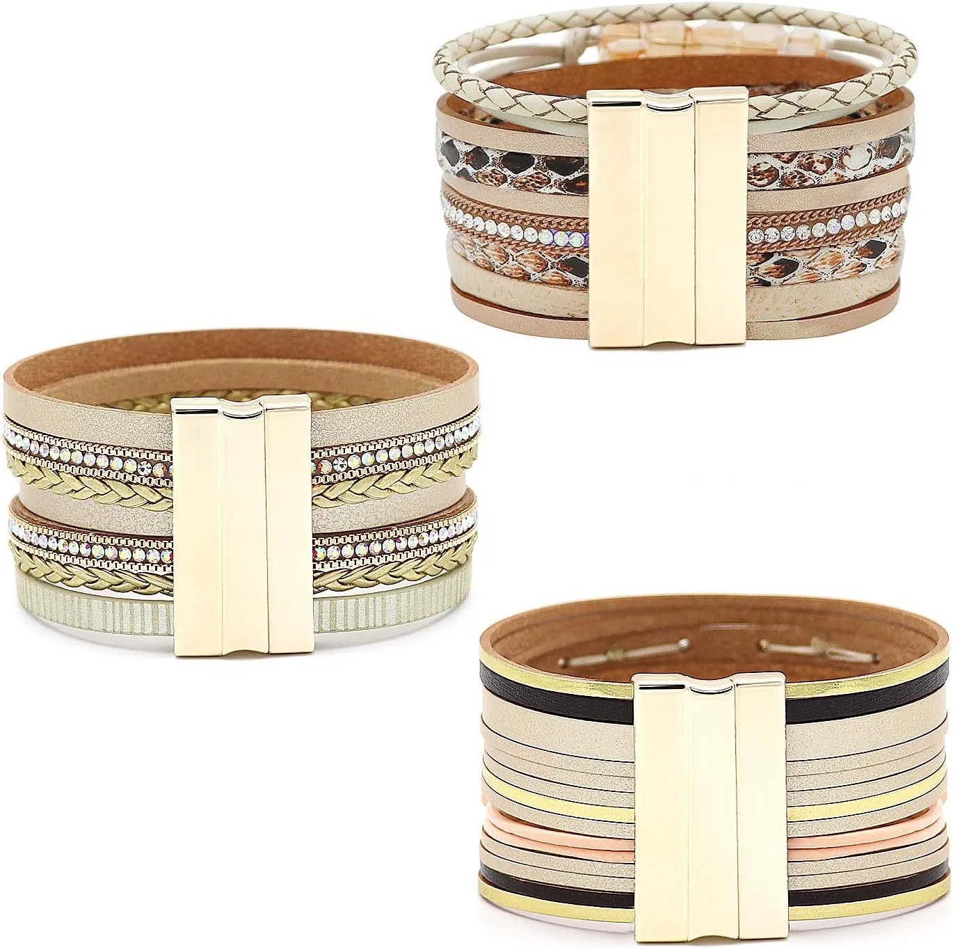Wowanoo 3Pack Leather Cuff Bracelet Set Multilayer Wrap Bracelet Crystal Feather Tree Bracelet Magnetic Clasp Bracelet for Women