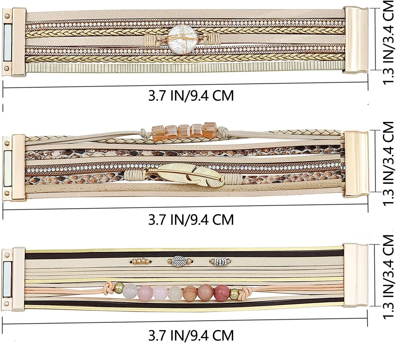 Wowanoo 3Pack Leather Cuff Bracelet Set Multilayer Wrap Bracelet Crystal Feather Tree Bracelet Magnetic Clasp Bracelet for Women
