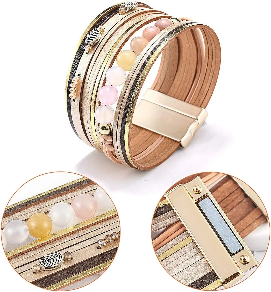 Wowanoo 3Pack Leather Cuff Bracelet Set Multilayer Wrap Bracelet Crystal Feather Tree Bracelet Magnetic Clasp Bracelet for Women