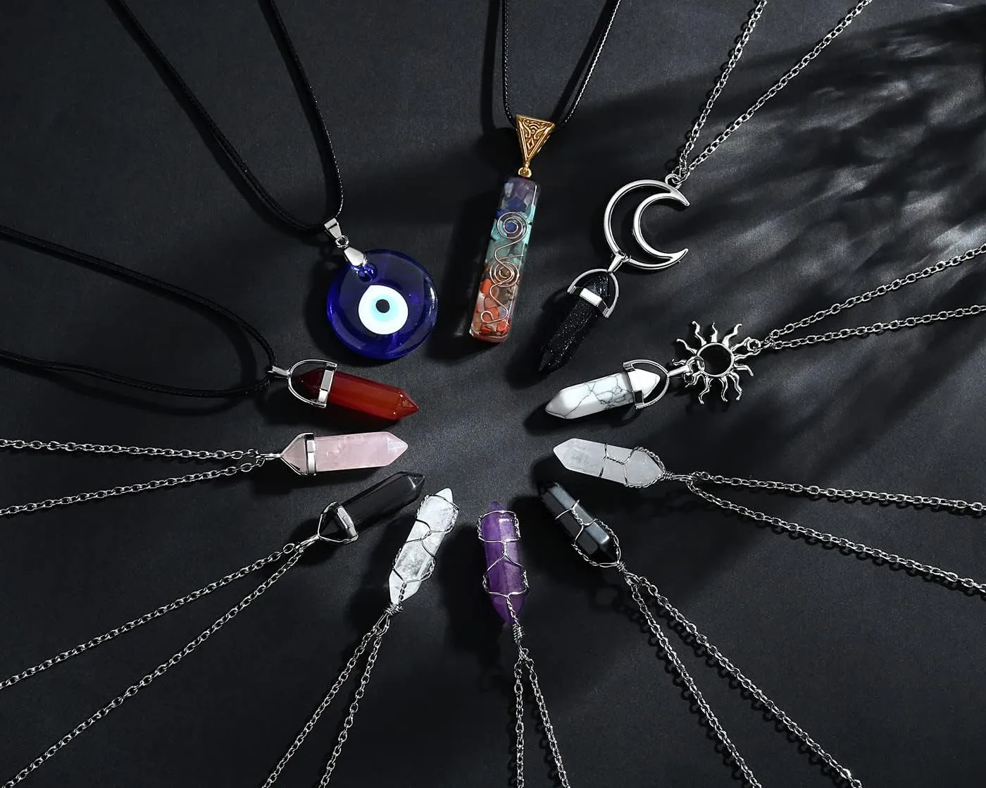 XIANNVXI 11 Pcs Crystal Necklaces for Women, Evil Eye Boho Chakra Hippie Pendant Beach Jewelry Set, Gifts