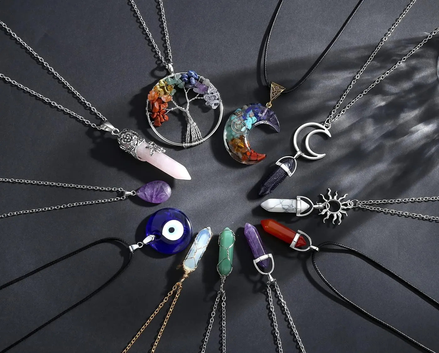 XIANNVXI 11 Pcs Crystal Necklaces for Women, Evil Eye Boho Chakra Hippie Pendant Beach Jewelry Set, Gifts