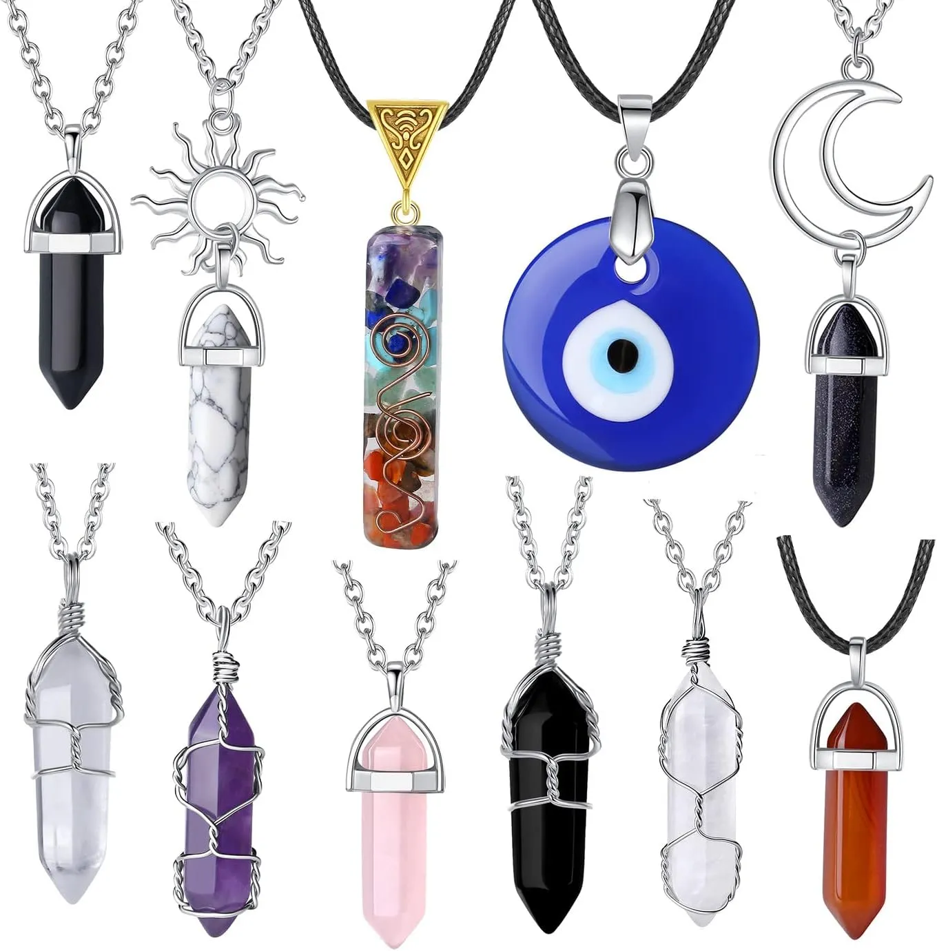 XIANNVXI 11 Pcs Crystal Necklaces for Women, Evil Eye Boho Chakra Hippie Pendant Beach Jewelry Set, Gifts