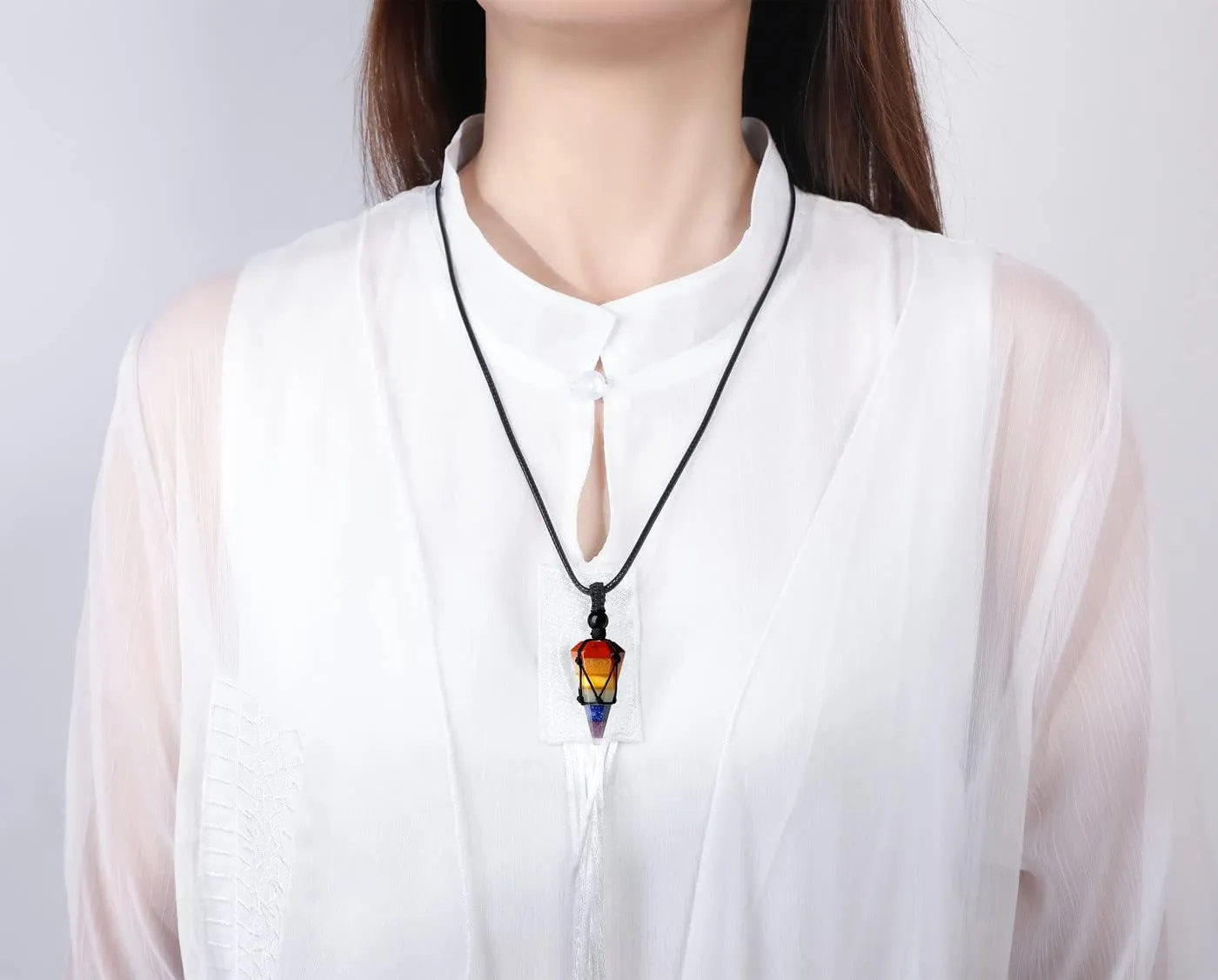 XIANNVXI Healing Crystal Stone Pointed Necklace Adjustable Black Rope Natural Gemstone Pendant Necklaces Jewelry for Men Women