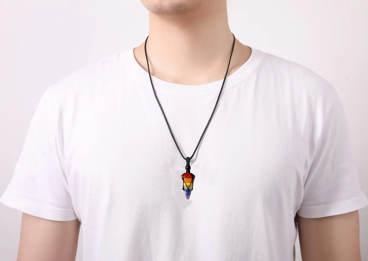 XIANNVXI Healing Crystal Stone Pointed Necklace Adjustable Black Rope Natural Gemstone Pendant Necklaces Jewelry for Men Women