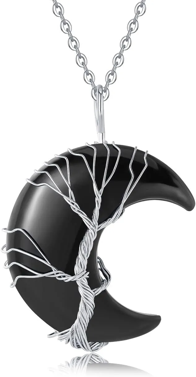 XIANNVXI Necklaces for Women Crescent Moon Pendant Necklace Tree of Life Wire Wrapped Crystal Necklaces Natural Gemstone Quartz Jewelry for Women Men