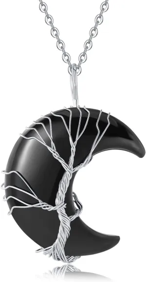 XIANNVXI Necklaces for Women Crescent Moon Pendant Necklace Tree of Life Wire Wrapped Crystal Necklaces Natural Gemstone Quartz Jewelry for Women Men