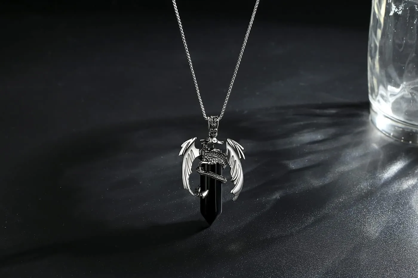 XIANNVXI Vintage Dragon Necklace for Men Women Black Obsidian Crystal Healing Stone Necklace Cool Simple Retro Natural Reiki Spirtural Witch Gemstone Pendant Jewelry