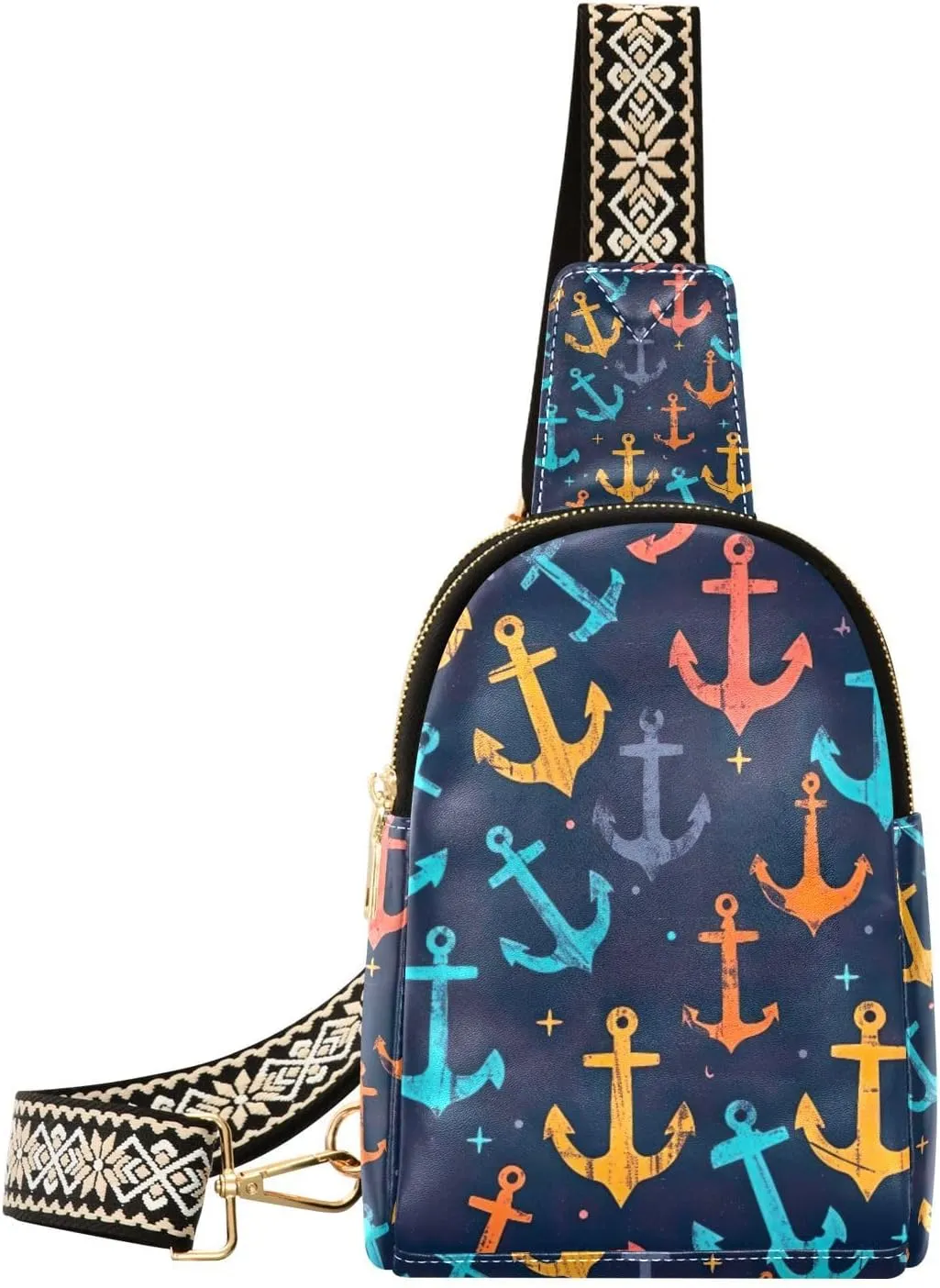 xigua Small Sling Bag for Women Colorful Anchors Fanny Pack Faux Leather Crossbody Bags Lightweight Chest Bag