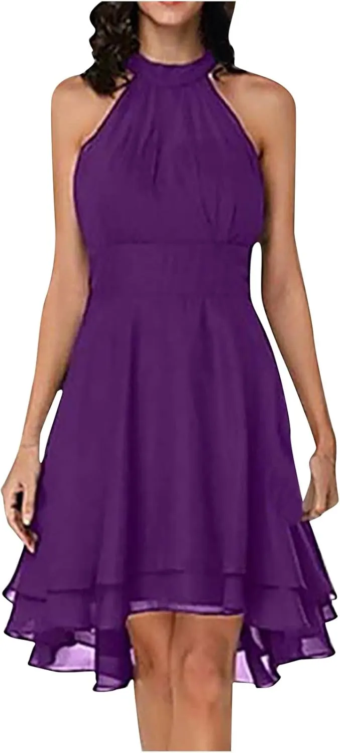 XUNRYAN Women's Classy Halter Neck Chiffon Dress Sexy Cutout Backless High Low Hem Layered Ruffle Formal Cocktail Mini Dress