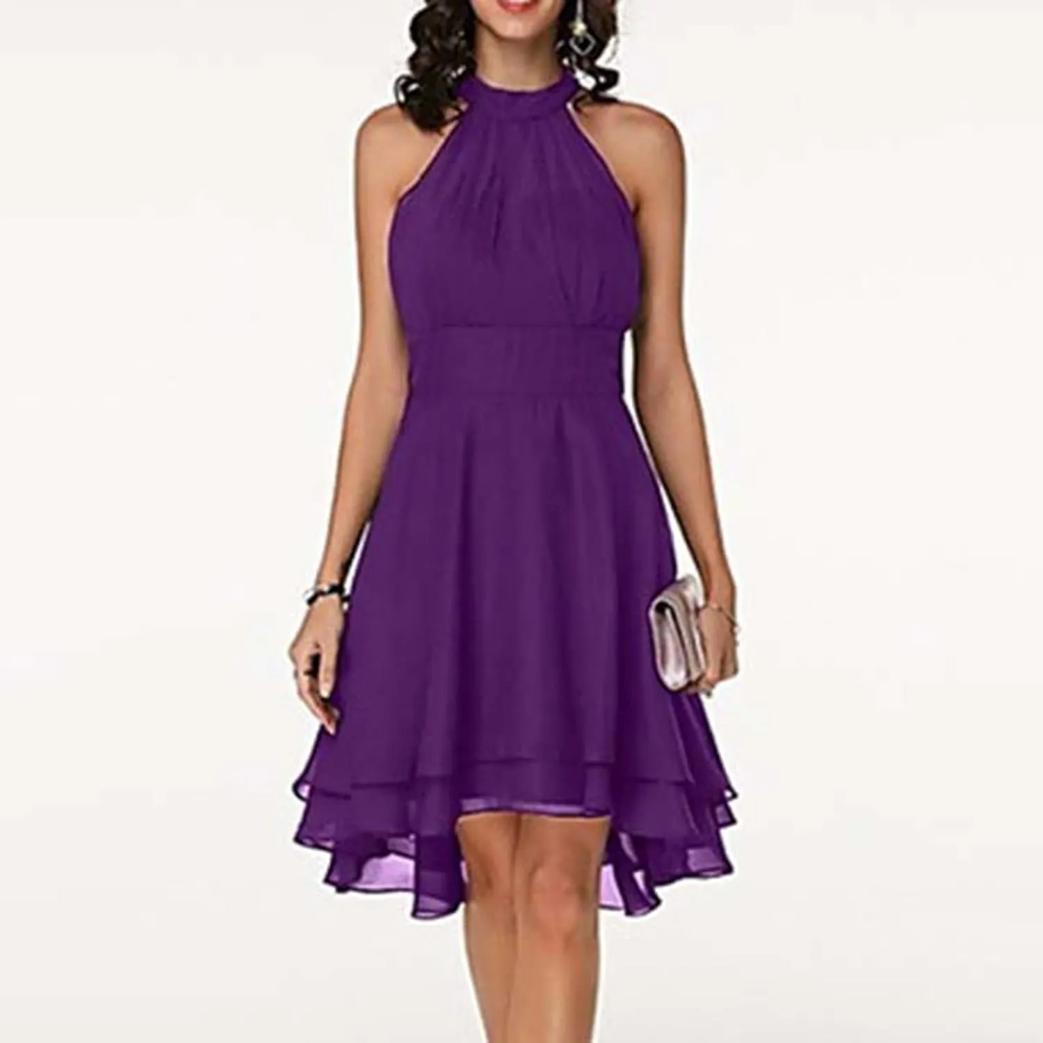 XUNRYAN Women's Classy Halter Neck Chiffon Dress Sexy Cutout Backless High Low Hem Layered Ruffle Formal Cocktail Mini Dress
