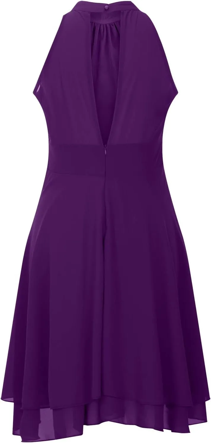 XUNRYAN Women's Classy Halter Neck Chiffon Dress Sexy Cutout Backless High Low Hem Layered Ruffle Formal Cocktail Mini Dress