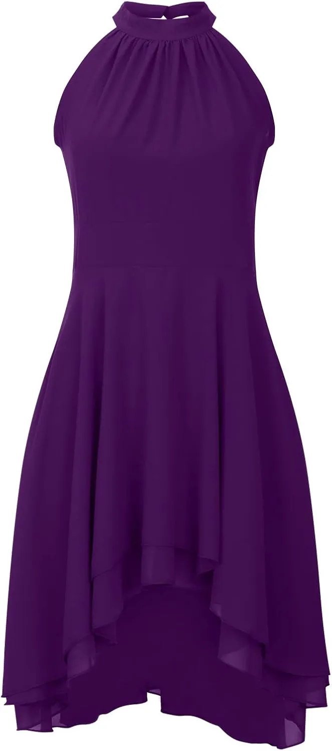 XUNRYAN Women's Classy Halter Neck Chiffon Dress Sexy Cutout Backless High Low Hem Layered Ruffle Formal Cocktail Mini Dress
