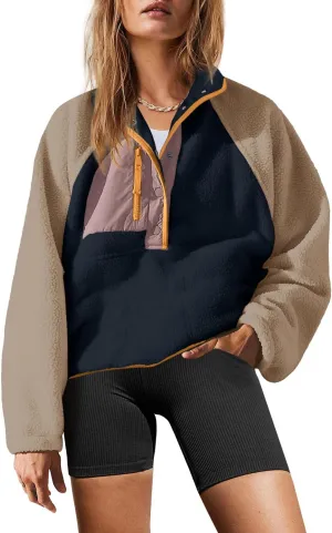 Yanekop Womens Fuzzy Fleece Pullover Sherpa Sweatshirt Long Sleeve Button Down Sweater Jacket with Pockets
