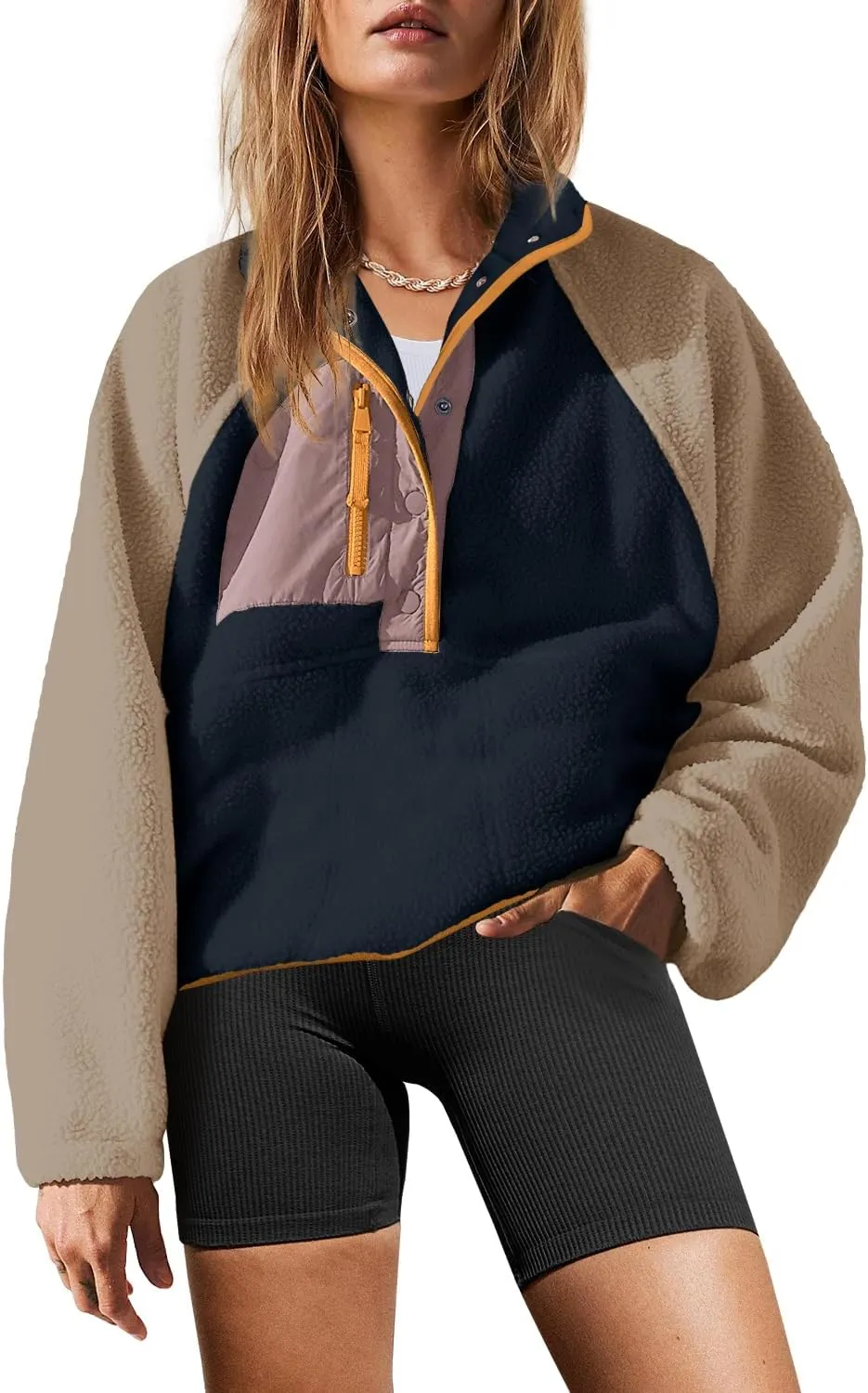 Yanekop Womens Fuzzy Fleece Pullover Sherpa Sweatshirt Long Sleeve Button Down Sweater Jacket with Pockets