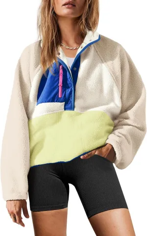 Yanekop Womens Fuzzy Fleece Pullover Sherpa Sweatshirt Long Sleeve Button Down Sweater Jacket with Pockets