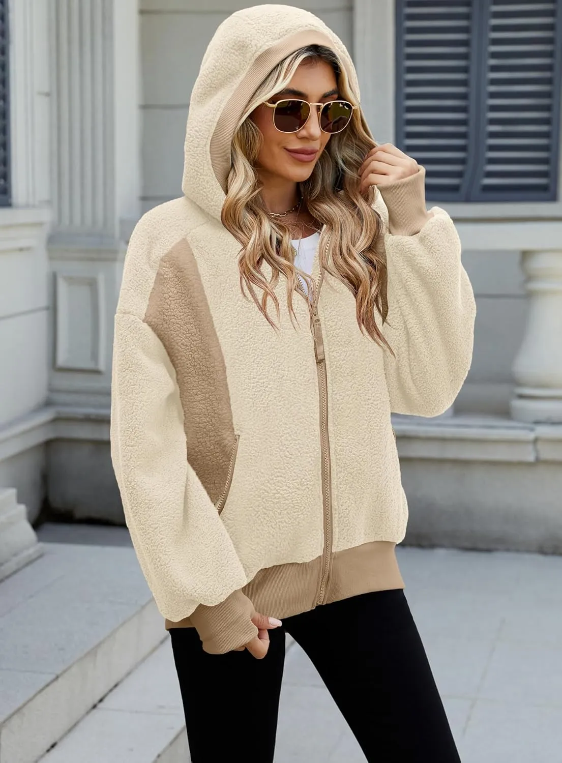 Yanekop Womens Oversized Sherpa Jacket Cozy Color Block Fleece Jacket Fuzzy Zip Up Hoodies Outerwear with Pockets