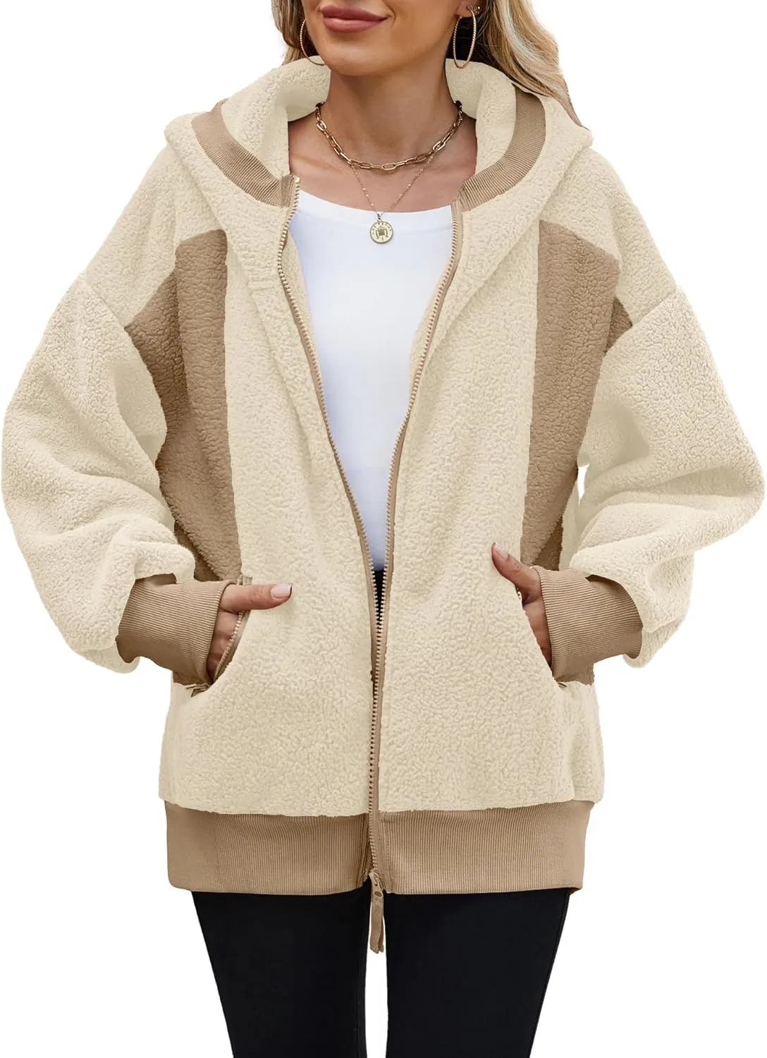 Yanekop Womens Oversized Sherpa Jacket Cozy Color Block Fleece Jacket Fuzzy Zip Up Hoodies Outerwear with Pockets