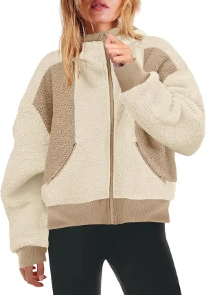 Yanekop Womens Oversized Sherpa Jacket Cozy Color Block Fleece Jacket Fuzzy Zip Up Hoodies Outerwear with Pockets