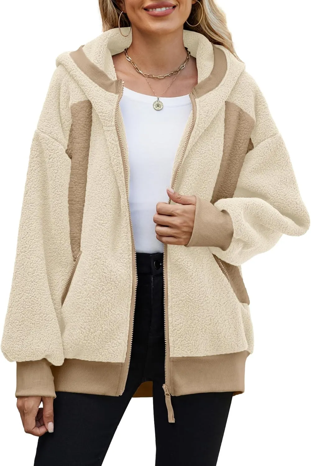 Yanekop Womens Oversized Sherpa Jacket Cozy Color Block Fleece Jacket Fuzzy Zip Up Hoodies Outerwear with Pockets