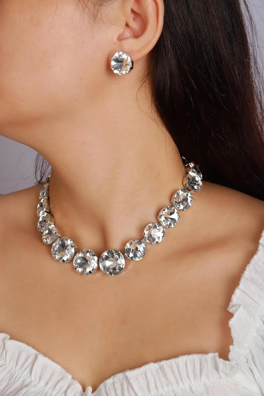YERTTER Sparkle Full Rhinestone Choker Round Crystal Chain Necklace Earrings Set Crystal Statement Collar Clavicle Choker Necklace for Wedding Women