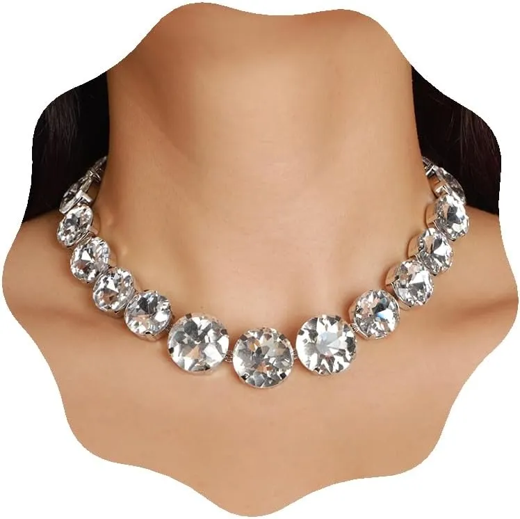 YERTTER Sparkle Full Rhinestone Choker Round Crystal Chain Necklace Earrings Set Crystal Statement Collar Clavicle Choker Necklace for Wedding Women