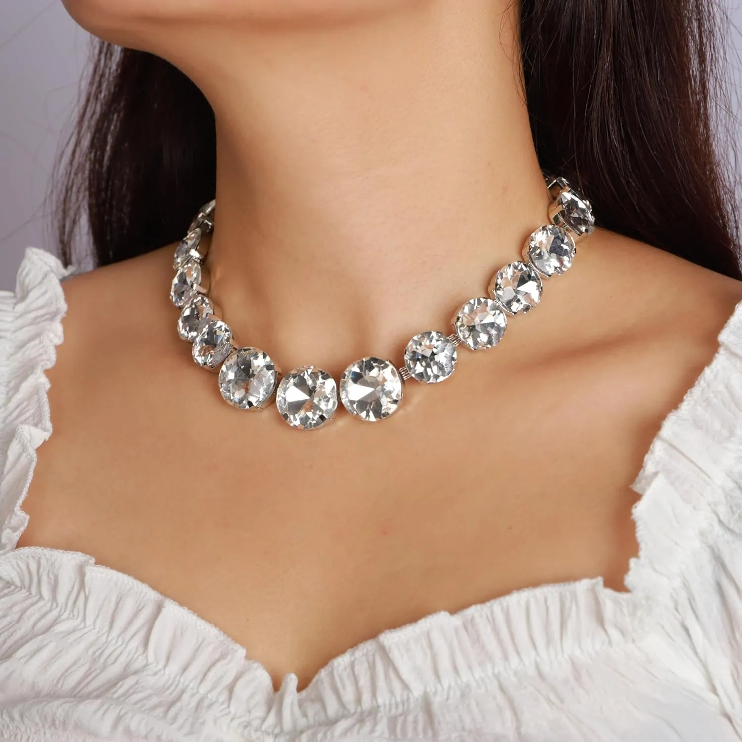 YERTTER Sparkle Full Rhinestone Choker Round Crystal Chain Necklace Earrings Set Crystal Statement Collar Clavicle Choker Necklace for Wedding Women