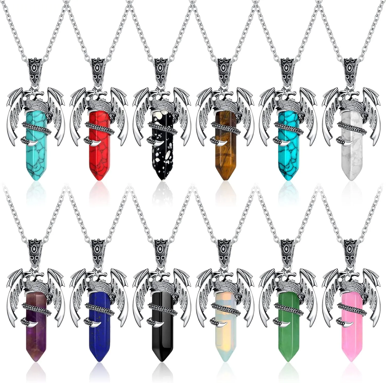 Yinkin 12 Pcs Dragon Necklace for Men Women Crystal Stone Necklace Dragon Wrapped Pendant Chakra Reiki Gemstone jewelry