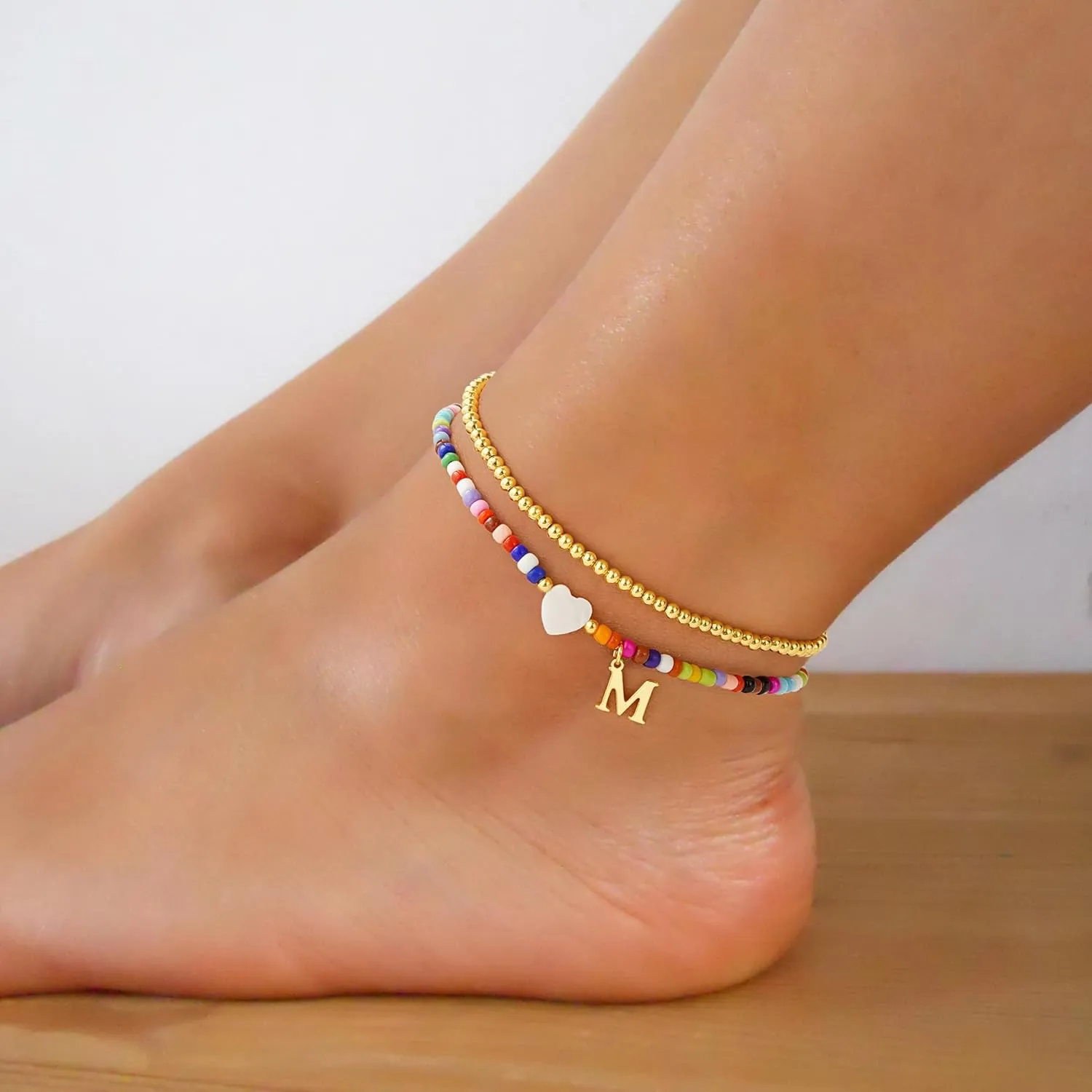Yoosteel Gold Beaded Heart Initial Ankle Bracelets for Women - 14K Gold Plated Layered Letter Anklets Personalized Jewelry Gifts