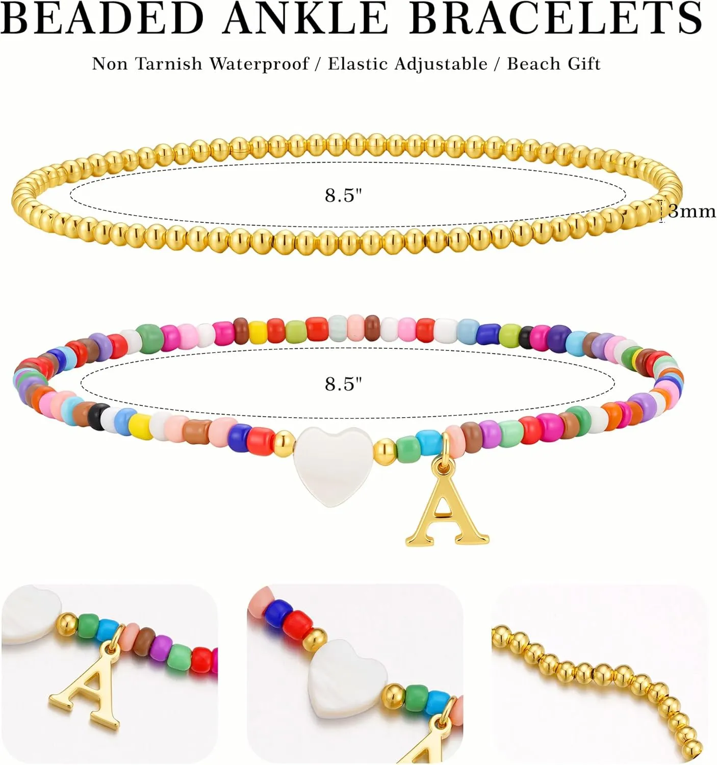Yoosteel Gold Beaded Heart Initial Ankle Bracelets for Women - 14K Gold Plated Layered Letter Anklets Personalized Jewelry Gifts