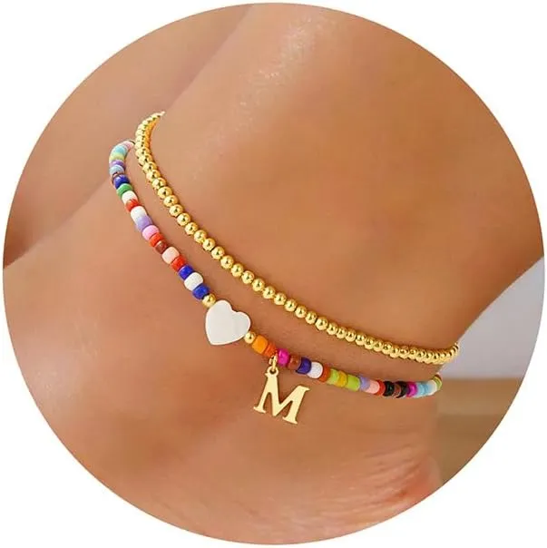 Yoosteel Gold Beaded Heart Initial Ankle Bracelets for Women - 14K Gold Plated Layered Letter Anklets Personalized Jewelry Gifts
