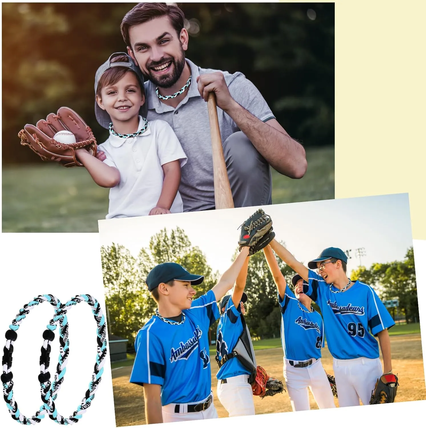 Zeyune 12 Pcs 18" Baseball Necklace for Boys Three Braided Rope Tornado Titanium Baseball Rope Necklace for Men Sport