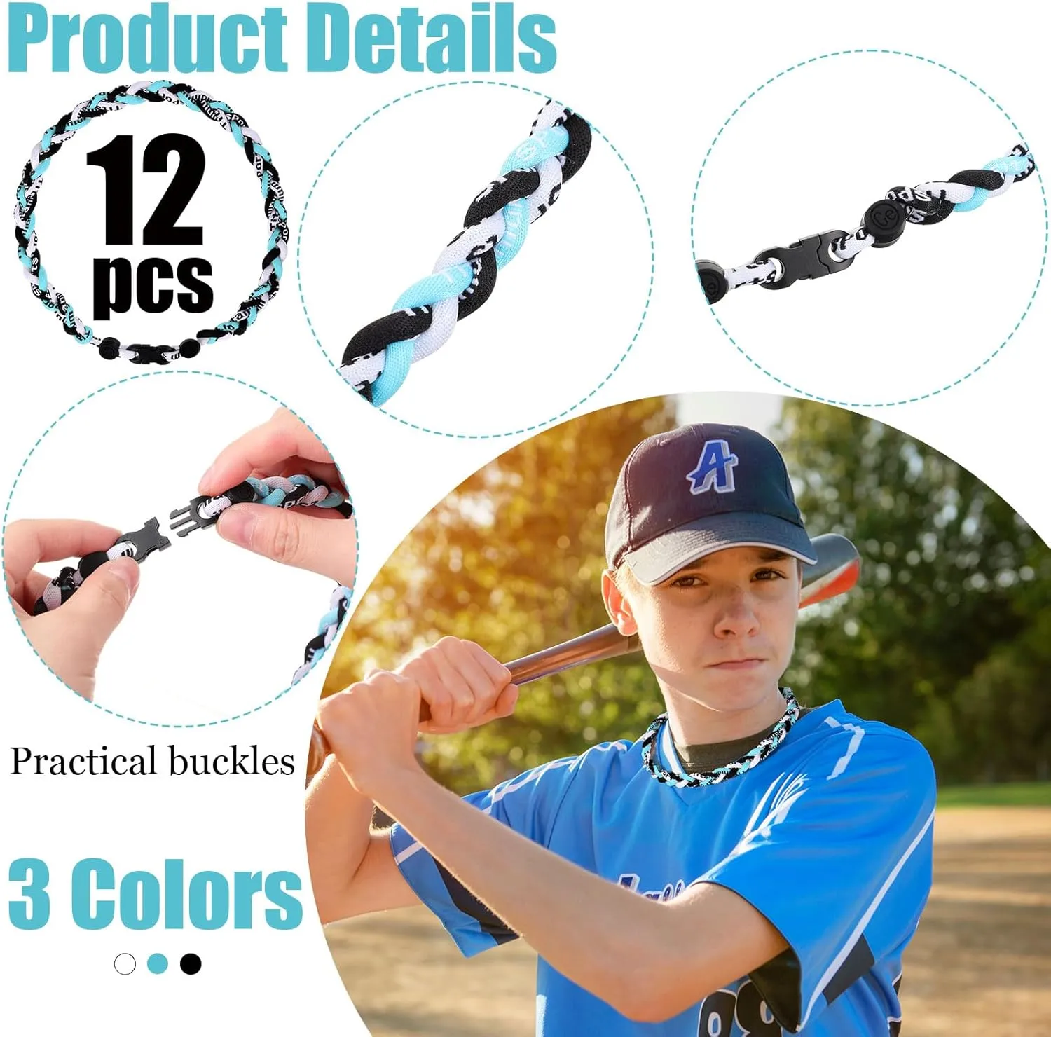 Zeyune 12 Pcs 18" Baseball Necklace for Boys Three Braided Rope Tornado Titanium Baseball Rope Necklace for Men Sport